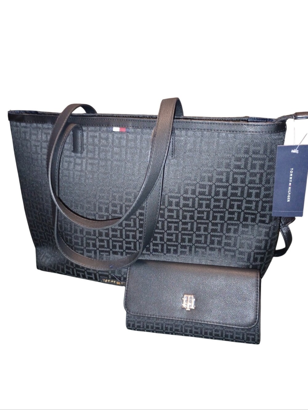 Tommy Hilfiger Black Monogram Tote with Matching Wallet, NWT